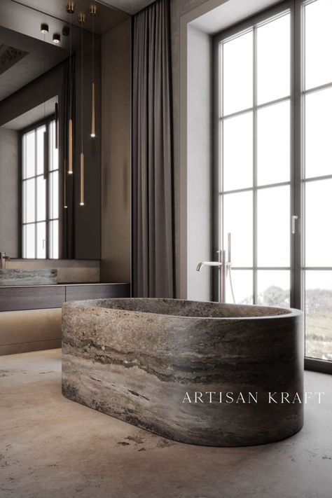 Modern Oval Silver Travertine Stone Bathtub by Artisan Kraft. Shop our link below for more stone marble tubs. Concrete Bathtub, Lantern House, Stone Tub, Silver Travertine, Marble Bathtub, Marble Tub, Modern Tub, New Bathroom Designs, Modern Bathtub