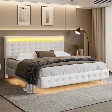 Built-in LED lights bed frame: The RGB LED lights on the headboard and around 3 sides of the bed frame make the bed useful and unique. This high quality lights are super bright, has multi color or single, a lot of different setting, wave, brightness and can also be controlled by music. It comes with a remote or get the APP for the bed frame light settings. The LED light bed will create a beautiful ambience in your bedroom. Bed With Lights, Modern Upholstered Beds, Tufted Upholstered Bed, Floating Bed Frame, Led Beds, Bed With Led Lights, Led Bed Frame, Floating Bed, Bed White