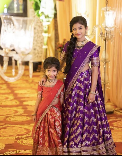 Banaras Lehanga Designs, Black Pattu Lehenga Half Saree, Half Saree For Kids Girl, Banaras Half Saree Designs, Langa Voni Half Saree For Kids, Half Saree Lehenga For Kids, Kids Langa Voni, Kids Half Saree Designs, Half Saree For Kids