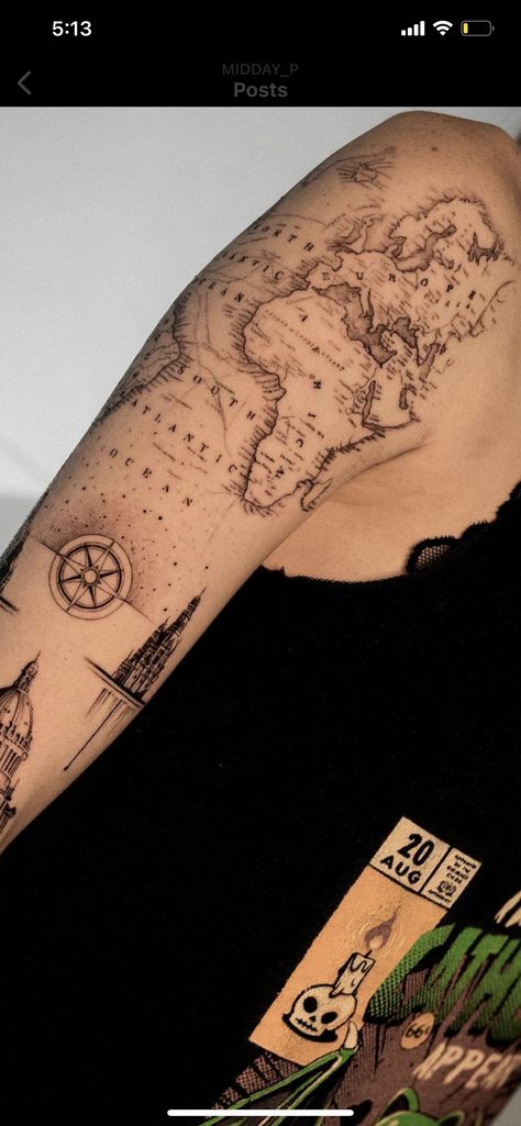 Men’s Sleeve Tattoo Ideas Geometric, Shoulder Map Tattoo, World Sleeve Tattoo, World Map Shoulder Tattoo, World Map Line Art Tattoo, World Map Travel Tattoo, World Map Tattoo Women, World Map Tattoo Thigh, Map Tattoo Women