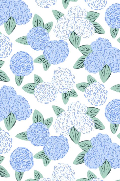 This fun repeating pattern features illustrated hydrangeas with blue, white and green colors Green And Blue Floral Wallpaper, Blue And White Pattern Background, Blue And Green Prints Aesthetic, Hydrangea Iphone Wallpaper, Hydrangea Pattern Design, Blue And White Floral Background, Blue Green Room Decor, Hydrangea Background Wallpapers, Grandmillenial Wallpaper Phone