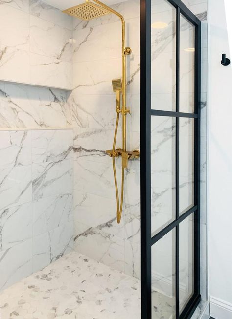 CONTEMPORARY CONTRAST | Coastal Shower Doors Gridscape Shower Door, 1980s Home, Coastal Shower Doors, Spartanburg South Carolina, Standing Shower, Stone Road, Shower Screens, White Countertops, Basement Renovations