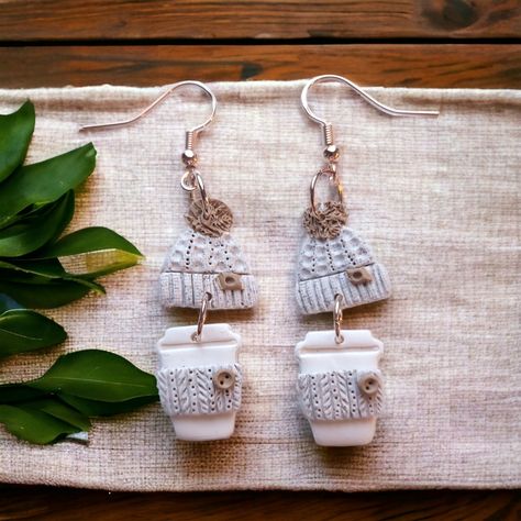 Knitted Sweater Aesthetic, Fall Merch, Fall Polymer Clay Earrings, Coffee Cup Earrings, Christmas Bookshelf, Coffee Earrings, Sweater Aesthetic, Coffee Earring, Diy Earrings Polymer Clay