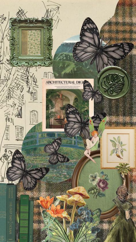 Green Collage, Green Wallpapers, Green Academia, Vintage Butterflies, Wall Collage Decor, Vintage Style Wallpaper, Fairy Wallpaper, Emo Wallpaper, Green Sticker