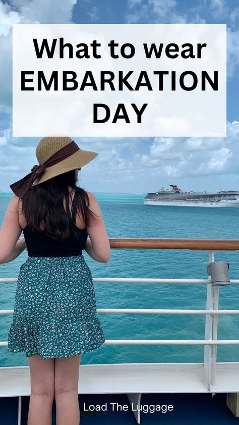 What to wear embarkation day.  Image is a young woman in a green patterned skirt, black tank top, and sunhat overlooking the ship railing at another cruise ship Travel Outfit Cruise, Boarding Cruise Outfit, Embarkment Day Outfit, Port Day Outfit, Cruise Embarkment Day Outfit, 4 Day Cruise Outfits, Plus Size Bahamas Cruise Outfits, Dressing For A Cruise For Women, Eastern Carribean Cruise Outfits