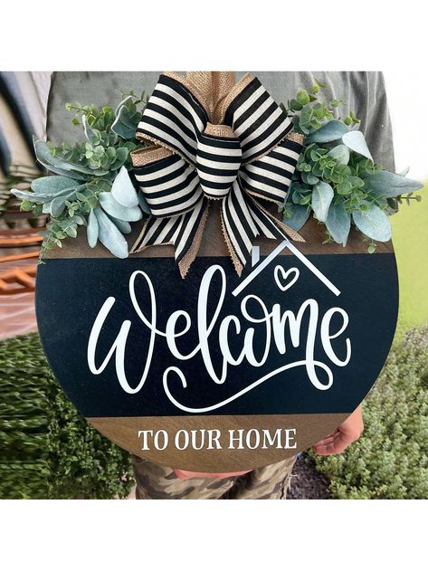 Black  Collar  Wood   Embellished   Home Decor Entry Way Decor, Welcome Door Sign, Home Decor Spring, Welcome Signs Front Door, Welcome Door Hanger, Christmas Crafts Diy Projects, Wooden Signs Diy, Welcome Door Signs, Door Signs Diy