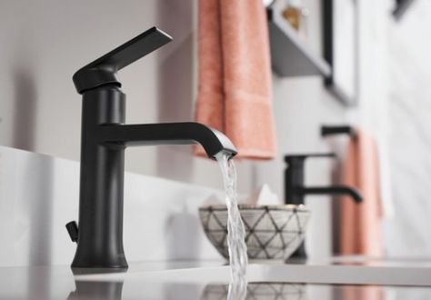 Black in the Bath | Bathroom | Inspiration | Moen Moen Bathroom Faucets, Black Bathroom Sink, Plastic Planter Boxes, Black Accent Walls, Cleaning Faucets, Black Framed Art, Concrete Look Tile, Farm House Colors, Shower Fixtures