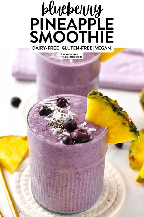 This Blueberry Pineapple Smoothie is the most delicious and refreshing summer smoothie with antioxidants. You will love the combination of sweet blueberries and the tropical flavors of pineapple Blueberry Pineapple Smoothie, Pineapple Shake, Pineapple Banana Smoothie, Free Smoothie Recipes, Blueberry Smoothie Recipe, Mango Pineapple Smoothie, Peach Blueberry, Cherry Smoothie, Blueberry Smoothie