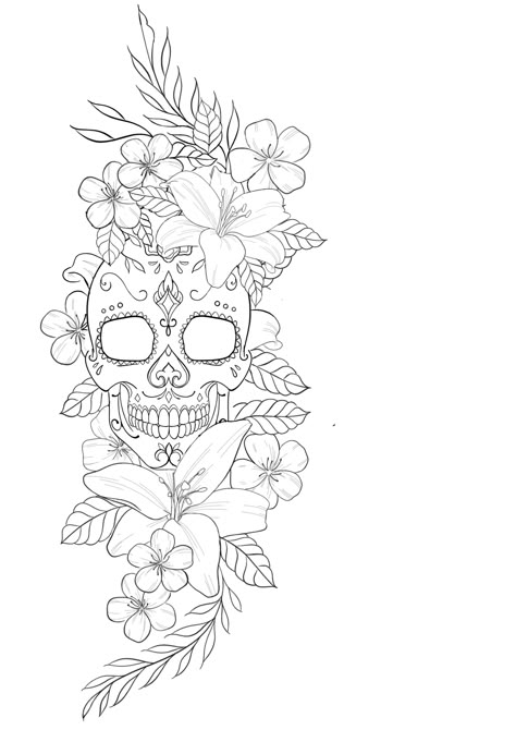 Calf Tattoo Stencil, Sugar Skull Tattoos For Women, Tattoo Ideas Female Stencil, Sugar Skull Tattoo Design, Floral Skull Tattoos, Sugar Skull Art Drawing, Skull Tattoo Flowers, Sugar Skull Tattoo, Chicanas Tattoo