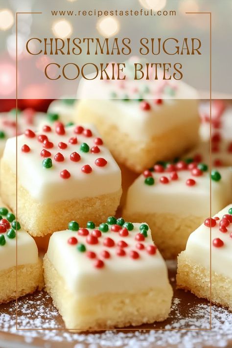 Delight in these festive Christmas Sugar Cookie Bites, perfect for holiday gatherings or as thoughtful gifts. Soft, chewy, and decorated with colorful sprinkles, they embody the spirit of the season in every bite! Christmas Dessert Design, Sugar Cookie Bites Recipe, Sugar Cookie Cups Christmas, Christmas Cookie Bites, Christmas Santa Cookies, Christmas Sugar Cookie Bites, Easy Decorated Sugar Cookies, Easy Christmas Sugar Cookies Decorated, Quick And Easy Christmas Cookies