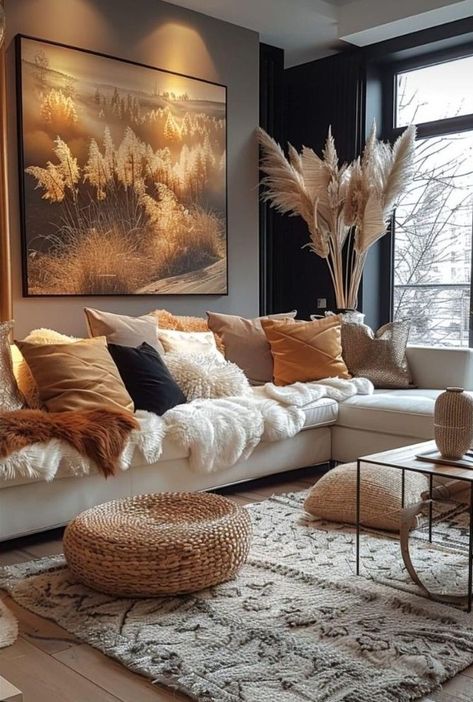 Brown And Gold Living Room Decor, Brown Living Room Ideas, Gold Living Room, Apartment Living Room Design, Flat Ideas, Brown Living Room, Living Room Decor Cozy, Apartment Decor Inspiration, Decor Home Living Room