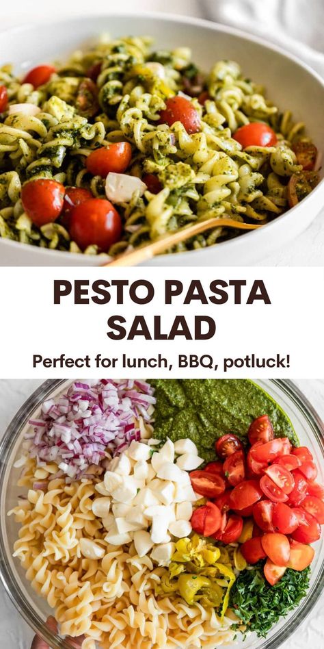 Whether you’re looking for a refreshing lunch or a dish to bring to a potluck, this pesto pasta salad is delicious and easy to make. Made with basil pesto tossed in perfectly cooked pasta noodles, this recipe comes together in under 30 minutes! | realandvibrant.com #realandvibrant #pesto #salad High Protein Pesto Pasta Salad, Cold Antipasto Salad, Greek Pesto Pasta Salad, Summer Pesto Pasta Salad, Pasta Salad With Pesto Dressing, Pasta Salad Recipes No Meat, Cold Lunch Sides, Pasta Salad Recipes Pesto, Pesto Pasta Salad Recipes