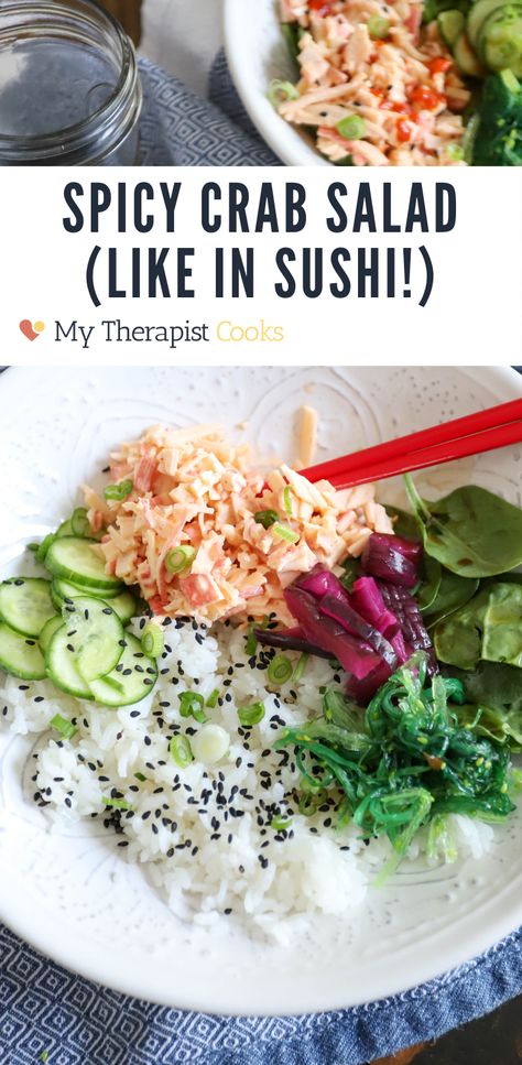 spicy crab salad recipe | japanese kani salad with kewpie mayo Japanese Crab Salad Recipe, Crab Salad Recipe Sushi, Surimi Sushi, Japanese Crab Salad, Poke Bowl Sauce, Spicy Kani Salad, Homemade Poke Bowl, Spicy Crab Salad, Homemade Poke