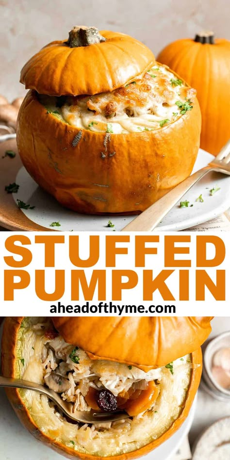 This Stuffed Pumpkin is filled with a savory blend of rice, veggies, and cranberries then topped with cheese and baked until the pumpkin is perfectly tender and the cheese is melty. Plus, these stuffed veggies are naturally vegetarian and gluten-free. So make the most of pumpkin season this year and serve it as a main dish for dinner or as a festive side for your holiday meals. | aheadofthyme.com #stuffedpumpkin #pumpkin via @aheadofthyme Vegetarian Stuffed Pumpkin, Pumpkin Side Dish Recipes, Stuffed Pumpkin Recipes, Pumpkin Recipes Vegetarian, Stuffed Veggies, Stuffed Pumpkin, Savory Pumpkin Recipes, Thyme Recipes, Pumpkin Squash