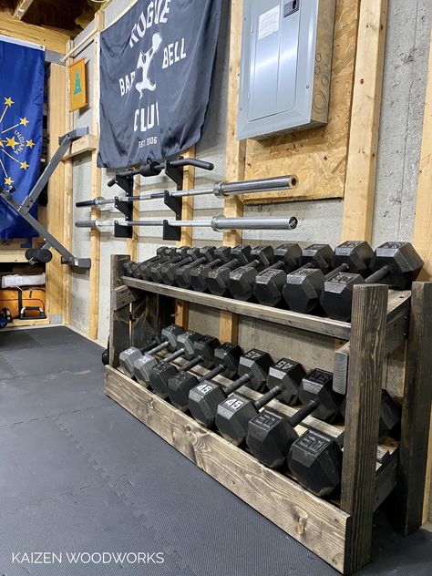 I made a wooden dumbbell rack and eventually outgrew it. See how I took it apart and rebuilt a much larger rack, step by step directions. #kaizenwoodworks #garagegym #diydumbbellrack Diy Dumbbell Rack, Diy Dumbbell, Diy Gym Equipment, Dumbbell Storage, Garage Organisation, Home Gym Garage, Workout Room Home, Weight Rack, Diy Home Gym