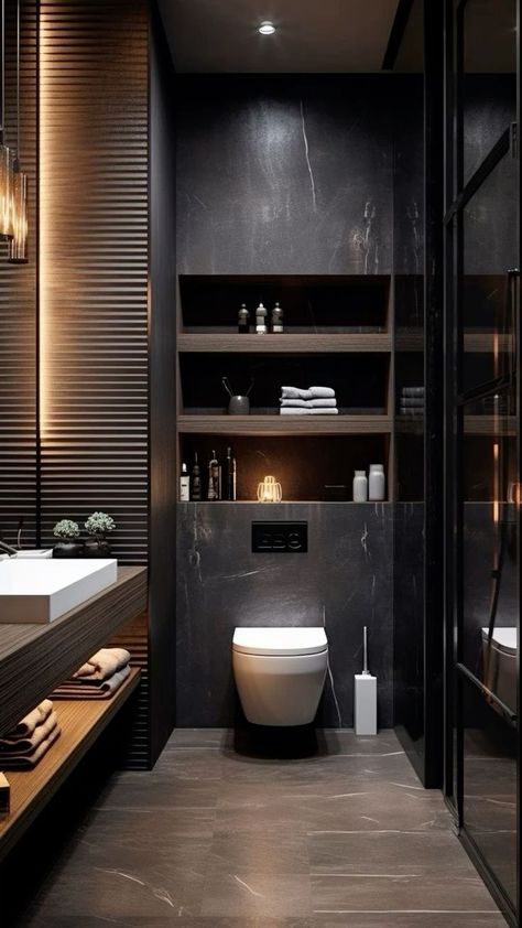 Small Dark Bathroom, Dark Bathroom Ideas, Masculine Bathroom, Wc Design, Dark Bathrooms, Bathroom Inspiration Modern, Washroom Design, Gorgeous Bathroom, Bathroom Design Decor