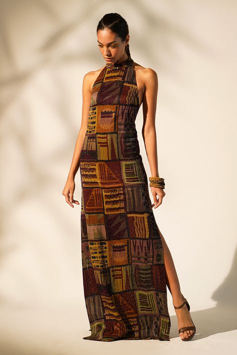 Shop for these amazing collections of Multi Color Sequin Pure Georgette Print Abstract Halter Neck Gown For Women by Nikita Mhaisalkar online at Aza Fashions. Kitenge Designs, Halter Neck Gown, Cabello Afro Natural, Gown For Women, Halter Neck Maxi Dress, Printed Gowns, Halter Neck Dress, Mode Boho, Sleeveless Gown