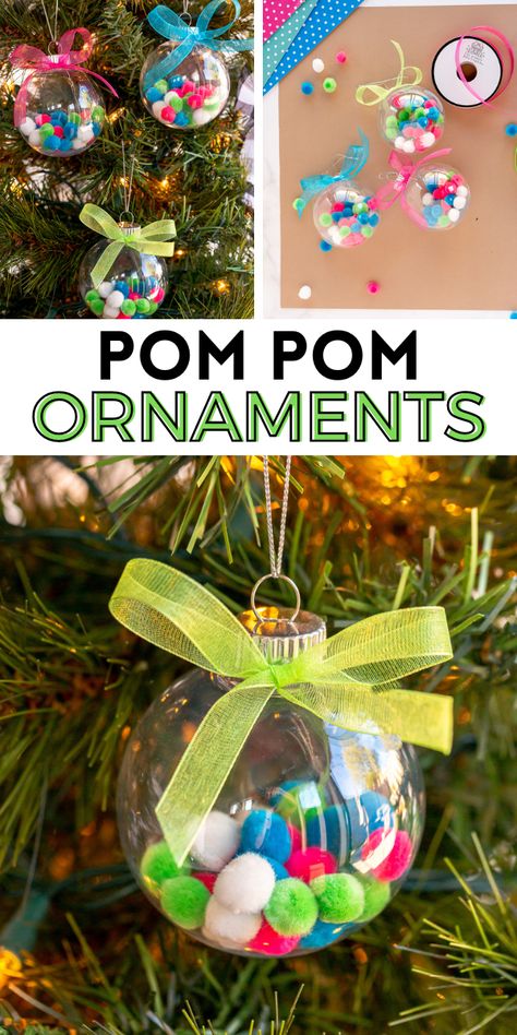 Simple pom pom ornaments that kids of all ages can create just in time for the Christmas holiday. There are only 3 simple steps. Pom Pom Ornaments, Christmas Pom Pom Crafts, Childrens Christmas Crafts, Pom Pom Christmas, Christmas Pom Pom, Easy Christmas Ornaments, Diy Christmas Tree Ornaments, Fun Christmas Crafts, Pom Pom Crafts