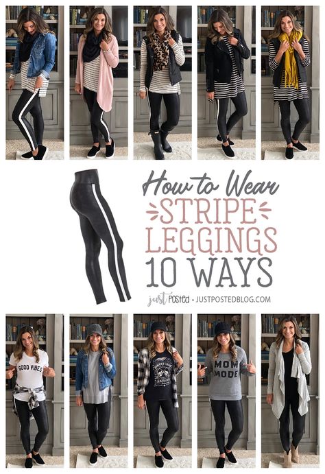 How to Style Stripe Leggings – Just Posted Black Pants With White Stripe Outfit, Striped Leggings Outfit, Black Leggings Outfit, Perfect Leggings, White Jean Jacket, Winter Attire, Stripe Outfits, Striped Leggings, How To Style