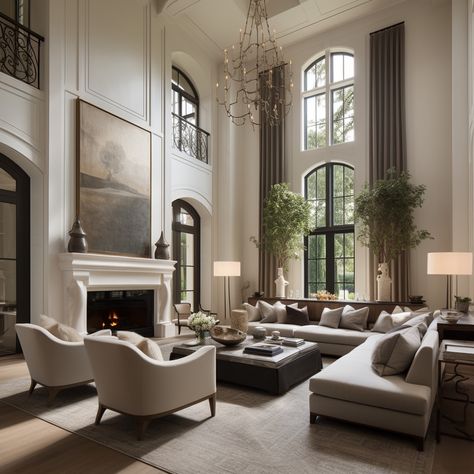 Living Room Black And White Ideas, Open To Below Living Room, Seating Around Fireplace, Four Chair Conversation Area, 2 Story Fireplace Ideas, Luxury Living Room Designs Classy, Rh Living Room, Living Room Ideas Elegant, White Picket Fence Ideas