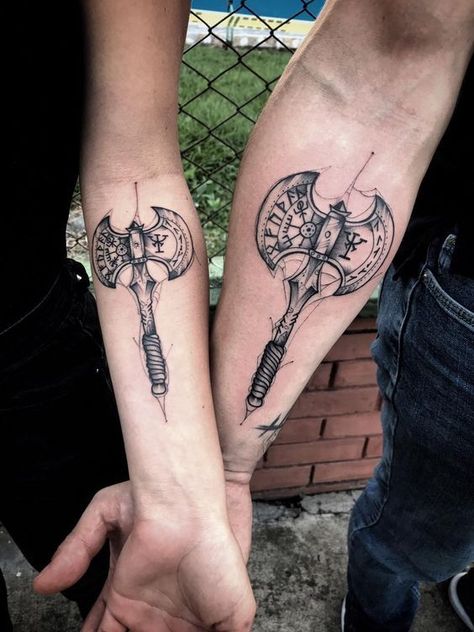 Make it pleasant for your beloved or dear person and suggest him a soulmate matching couple tattoo. Choose one of the 60+ ideas we have listed in our article. His And Her Viking Tattoo Ideas, Nordic Matching Tattoos, Viking Couple Tattoo Ideas, Viking Matching Tattoo, Couples Viking Tattoos, Norse Couples Tattoo, Pagan Couple Tattoos, Nordic Couple Tattoo, Viking Tattoos For Couples