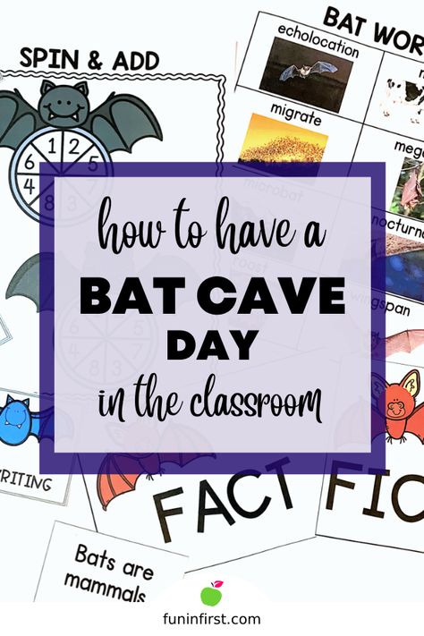 I absolutely LOVE teaching my students about bats. It’s a week that I look forward to every single year. The students just get so excited and can’t wait to learn more. This year after learning about bats all week, I decided to transform my classroom into a Bat Cave for the day. Transforming our classroom into a Bat Cave to end our week of learning about bats was one of the best days ever in our classroom. #FuninFirst #FirstGrade #FirstGradeActivities Bat Classroom Activities, Bat Learning Activities Preschool, Bat Week First Grade, Bats And Owls Preschool, Bat Science Kindergarten, Bat Unit First Grade, Bats First Grade Activities, Bat Learning Activities, Bat Activities For First Grade