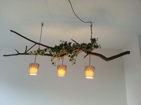 DIY branch lamp. It's hanging from our ceiling and I love it! Branch Lamp Ceiling, Bird Room Ideas, Scandinavian Beach House, Branch Lamp, Bird Room, Branch With Leaves, Branch Art, Tree Lamp, Lamp Ceiling