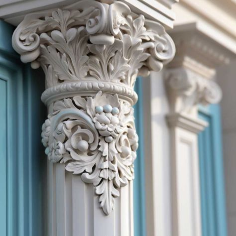 5+ Ways to Modernize a Classical Front Door with Decorative Trim • 333+ Images • [ArtFacade] Pillar Exterior Design, Luxury Console, Decorative Molding, Cornice Design, Decorative Columns, Modern Cupboard Design, Window Molding, Pillar Design, Cement Art