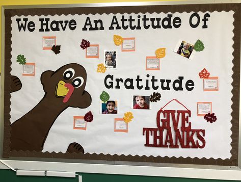 Turkey thanksgiving bulletin board. We have an attitude of gratitude. November 2018 Thanksgiving Bulletin Board Ideas Middle School, Thanksgiving Pe Bulletin Boards, Gratitude Board Classroom, Funny Thanksgiving Bulletin Board, Bulletin Board November Ideas, Thankful Bulletin Board Ideas For School, Attitude Of Gratitude Bulletin Board, Gratitude Wall Ideas For Work, Gratitude Wall Ideas