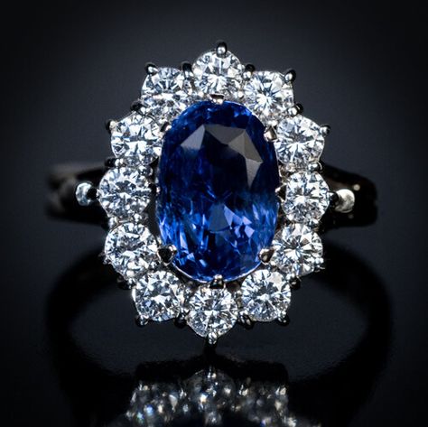 Vintage 3.77 Ct Sapphire Diamond Engagement Ring - Antique Jewelry | Vintage Rings | Faberge Eggs Classic Sapphire Ring, Ruby Diamond Engagement Ring, Sapphire Antique Ring, Sapphire Diamond Engagement Ring, Vintage Sapphire Ring, Diamond Tops, Blue Sapphire Engagement Ring, Diamond Sapphire Engagement Ring, Sapphire Diamond Engagement