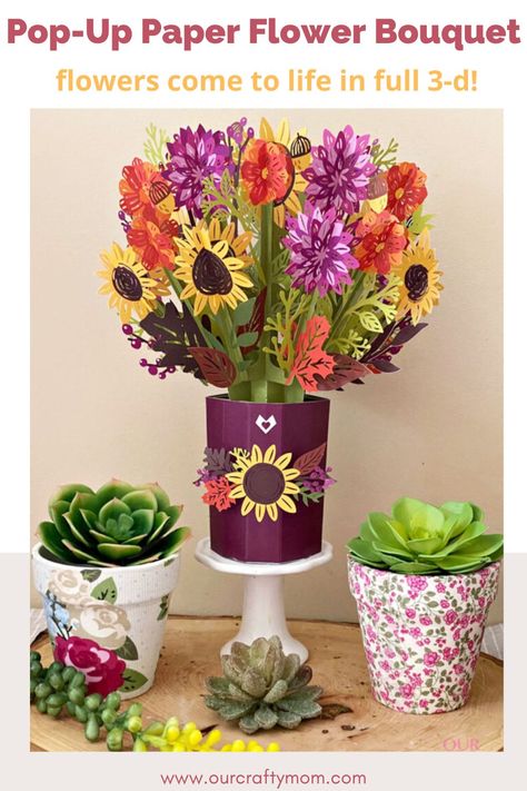 A pop-up card is always a fun and unique gift, but did you know that you can also give a beautiful pop-up paper flower bouquet? #ourcraftymom #popuppaperflowerbouqets #lovepop Diy Pop Up Flower Bouquet, Crafting Ideas For Kids, Popup Paper, Pop Up Flower Bouquet, Thrifty Style, Pop Up Flower Cards, Deco Mesh Wreaths Tutorials, Sunflower Crafts, Mesh Wreath Tutorial