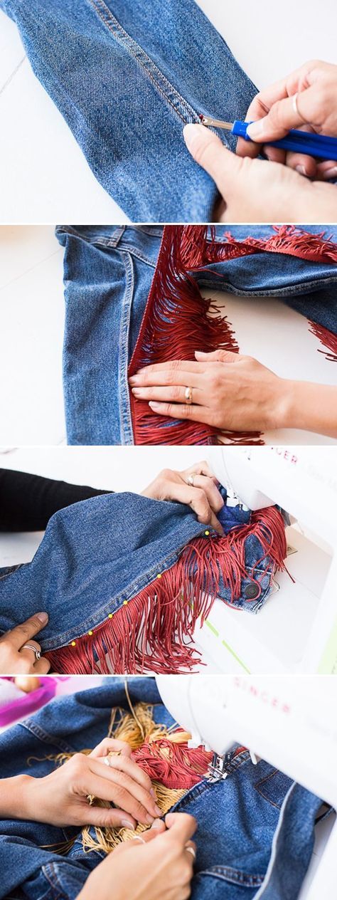 How to add fringe to a jean jacket. A step DIY fashion project. #fashion #clothing #jacket #jeanjacket #fringe Fringe Jean Jacket, Jean Jacket Diy, Jean Diy, Jacket Diy, Ropa Upcycling, Diy Fashion Trends, Diy Fashion Projects, Jacket Ideas, Fringe Jeans