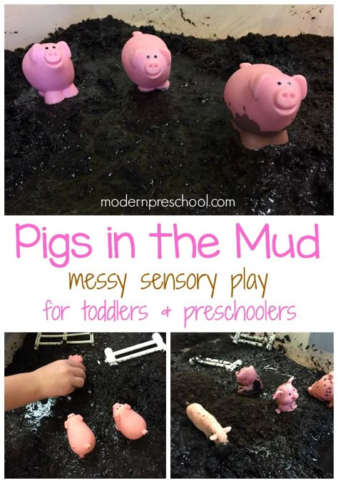 Simple pigs in the mud messy sensory play for toddlers & preschoolers - Modern Preschool Mud Sensory Bin, Pigs In The Mud, Modern Preschool, Farm Lessons, Sensory Play Toddlers, Farm Animals Activities, Preschool Sensory, Farm Theme Preschool, Pig In Mud