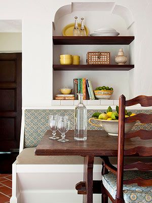 Claim a Plain Wall Niche Decorating Ideas, Recessed Shelves, Wall Cut Out, Budget Remodel, Mediterranean Kitchen, Wall Niche, Recessed Wall, Kitchen Nook, Easy Ideas