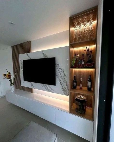 LCD screen panel ideas Tv Camino, Tv Cabinet Design Modern, Media Walls, Home Bar Ideas, Dnevna Soba, Modern Tv Room, Living Room Wall Designs, Tv Unit Interior Design, Home Hall Design