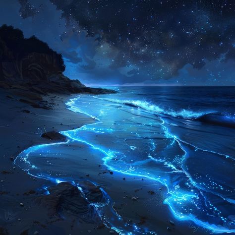 Photo midnight tide bioluminescent symph... | Premium Photo #Freepik #photo Bioluminescent Ocean, Mar Aesthetic, Fursona Inspiration, Space Ocean, Ocean At Night, Mansion House, Grain Of Sand, Futuristic Art, Mansions Homes