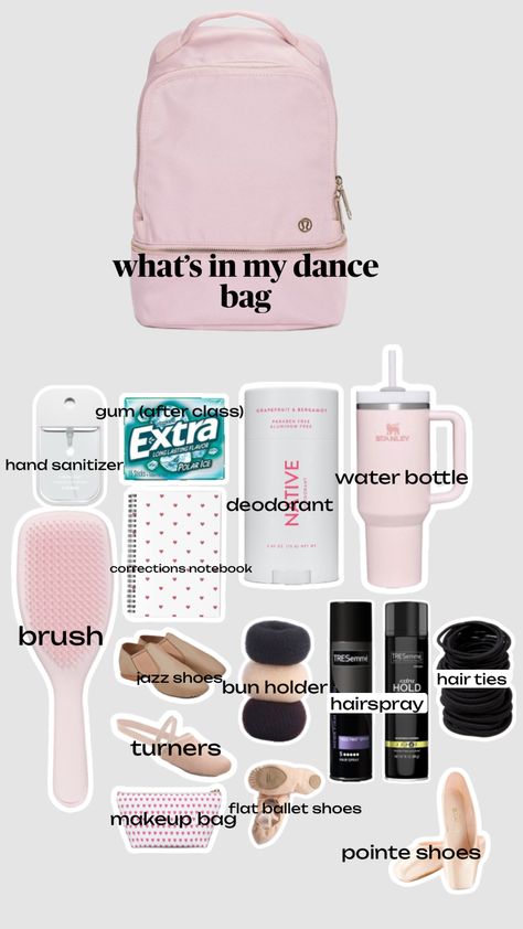 Dance Class Essentials, What’s In My Bag Dance, What Is In My Dance Bag, What To Put In Your Ballet Bag, What To Keep In Dance Bag, Dance Stuff Aesthetic, Things To Put In Your Dance Bag, What To Bring To A Dance Competition, Dance Comp Packing List