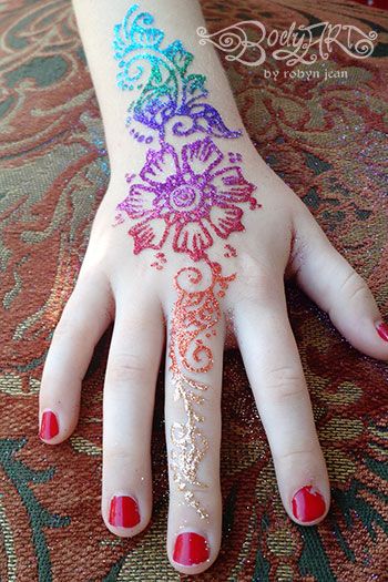 Bay Area Face Painters | Glitter Tattoos | Mehndi Henna Style ... Henna Kids, Rainbow Henna, Glitter Henna, White Henna Designs, Glitter Beards, Japanese Tattoos, White Henna, Tato Henna, Henna Tattoo Hand