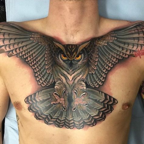 Chest Wide Wings Owl Tattoo Owl Neck Tattoo, Owl Tattoo Chest, Mens Owl Tattoo, Owl Tattoo Drawings, Cool Chest Tattoos, Owl Tattoo Design, Pieces Tattoo, Chest Tattoos For Women, Chest Piece Tattoos