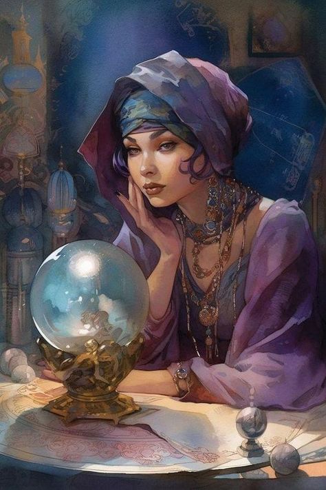 Fortune Teller Fantasy Art, Fortune Teller Painting, Dnd Fortune Teller, Psychic Character Design, Fortune Teller Drawing, Fortune Teller Character, Fortune Teller Aesthetic, Fortune Teller Art, Crystal Ball Art