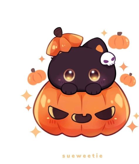 Pumpkin cat Cat Overlay, Halloween Art Drawing, Chibi Halloween, Cat In Pumpkin, Cute Halloween Drawings, Kawaii Pumpkin, 3 Pumpkins, Image Halloween, Pumpkin Cat