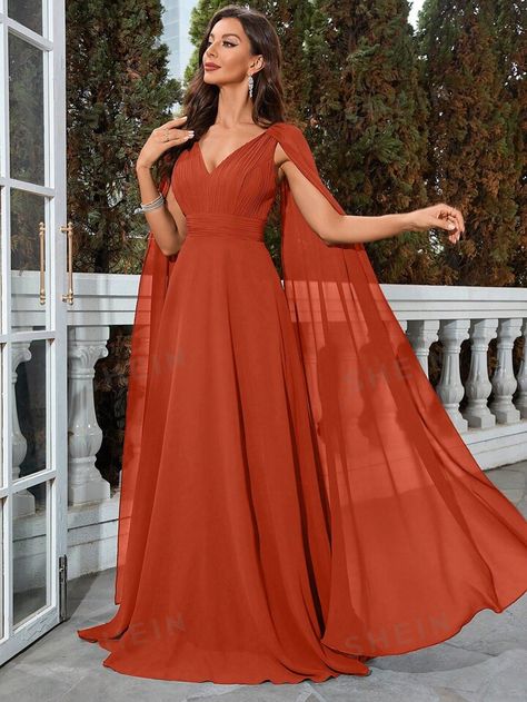 Solid Color Pleated Cape Sleeve Formal Dress | SHEIN USA Formal Dresses Long Modest, Rust Orange Dress, Orange Dress Wedding, Burnt Orange Bridesmaid Dresses, Rust Color Dress, Wedding Guest Gowns, Long Sleeve Bridesmaid Dress, Orange Bridesmaid Dresses, Dress Elegant Long