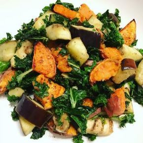 Eggplant And Kale Recipes, Eggplant Kale Recipes, Kale Eggplant Recipes, Eggplant Sweet Potato Recipes, Sauteed Sweet Potato Recipes, Oven Eggplant, Potato Recipes Roasted, Eggplant Sweet Potato, Roasted Vegetables Recipe