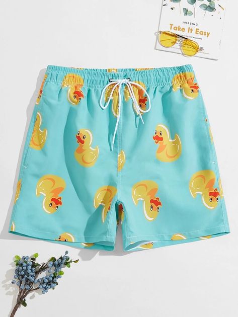 Men Random Cartoon Duck Print Swim Trunks | SHEIN USA Dragon Movies, Crash Bandicoot, Yellow Duck, Stanley Kubrick, Shorts Casual, Blue Swimsuit, Print Shorts, Mens Swim Trunks, Paramedic