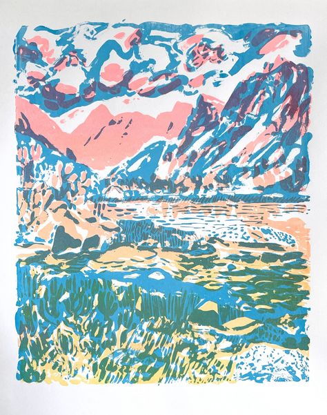 A silkscreen print based on my gorgeous backpacking trip in the the Inyo National Forest in the Eastern Sierra, Californa. This is Dusy Basin, which is one of hte most beautiful places I've ever camped. I wanted to capture the fiery last light on the mountians as the sun set.  I used the split fountian technique with transparent inks to create the rainbow gradient. This means that each print is slightly different and unique, as the inks blend in different ways throughout the print run.  This pri Cool Screen Prints, Screen Print Pattern, Drawing Fluid Screenprinting, Silkscreen Printing Ideas, Screen Printing Ideas, Screenprint Illustration, Screen Printing Artist, Vintage Screen Print, Screen Printing Inspiration