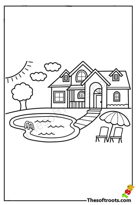 Aesthetic Coloring Pages Free Printable, Simple House Drawing, Aesthetic Coloring Pages, House Drawing For Kids, 50 Aesthetic, House Doodle, Elsa Coloring Pages, Art Painting Tools, Coloring Pages Free Printable