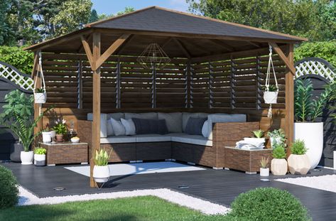 Outdoor Shelter Ideas, Garden Gazebo Ideas, Louvre Wall, Small Garden Office, Small Summer House, Garden Office Shed, Garden Shelter, Gazebo Ideas, Backyard Gardens