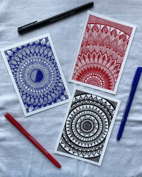 Blue, Red and Black Mandala designs Red And Black Mandala, Black Mandala Art, Zen Mandala, Black Mandala, Mini Mandala, Sketching Art, Colorful Mandala, Mandala Art Therapy, Doodle Ideas