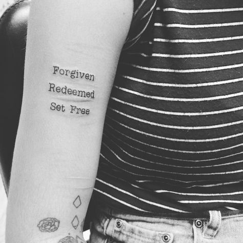 Forgiven. Redeemed. Set Free. I love hearing these people's stories, it's one of… Womans Sleeve Tattoo, Olivia Tattoo, Forgiveness Tattoo, Faith Tattoos, Praying Hands Tattoo, Russian Tattoo, Basic Tattoos, Tattoo Shoulder, Faith Tattoo