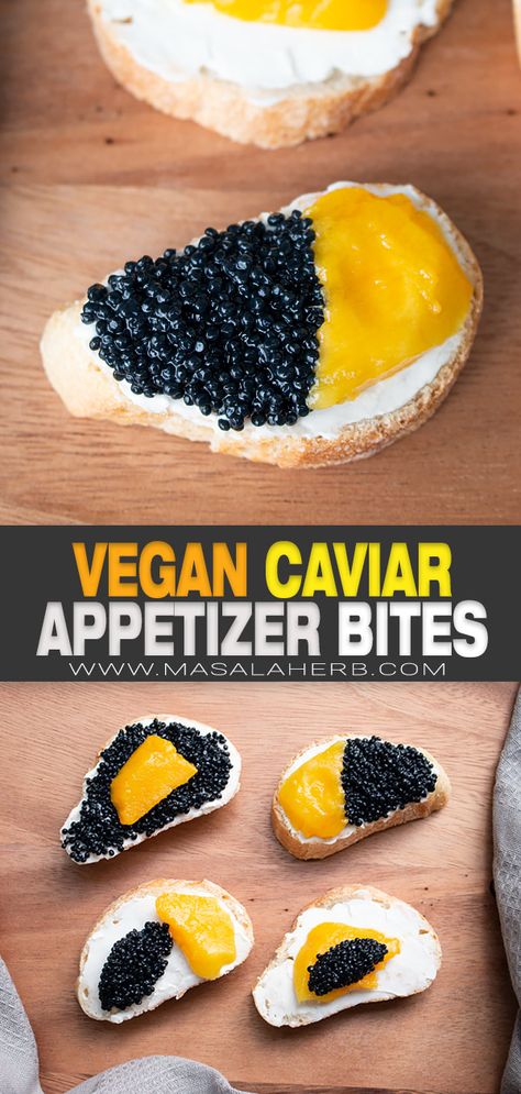 Vegan Caviar Appetizer Bites - Plant-based little party bites with seaweed pearls, mango and vegan cream cheese. Collect tips and ideas! www.MasalaHerb.com Vegan Cocktail Party Food, Caviar Finger Food, Caviar Canapes, Vegan Caviar, Vegan Caviar Recipe, Caviar Hors D'oeuvres, Caviar Appetizers, Sausage Appetizers, Sweet Appetizer